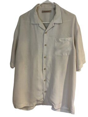 Vintage Tommy Bahama 100% Silk Wooden Button Shirt Sz Large Ivory White Mens